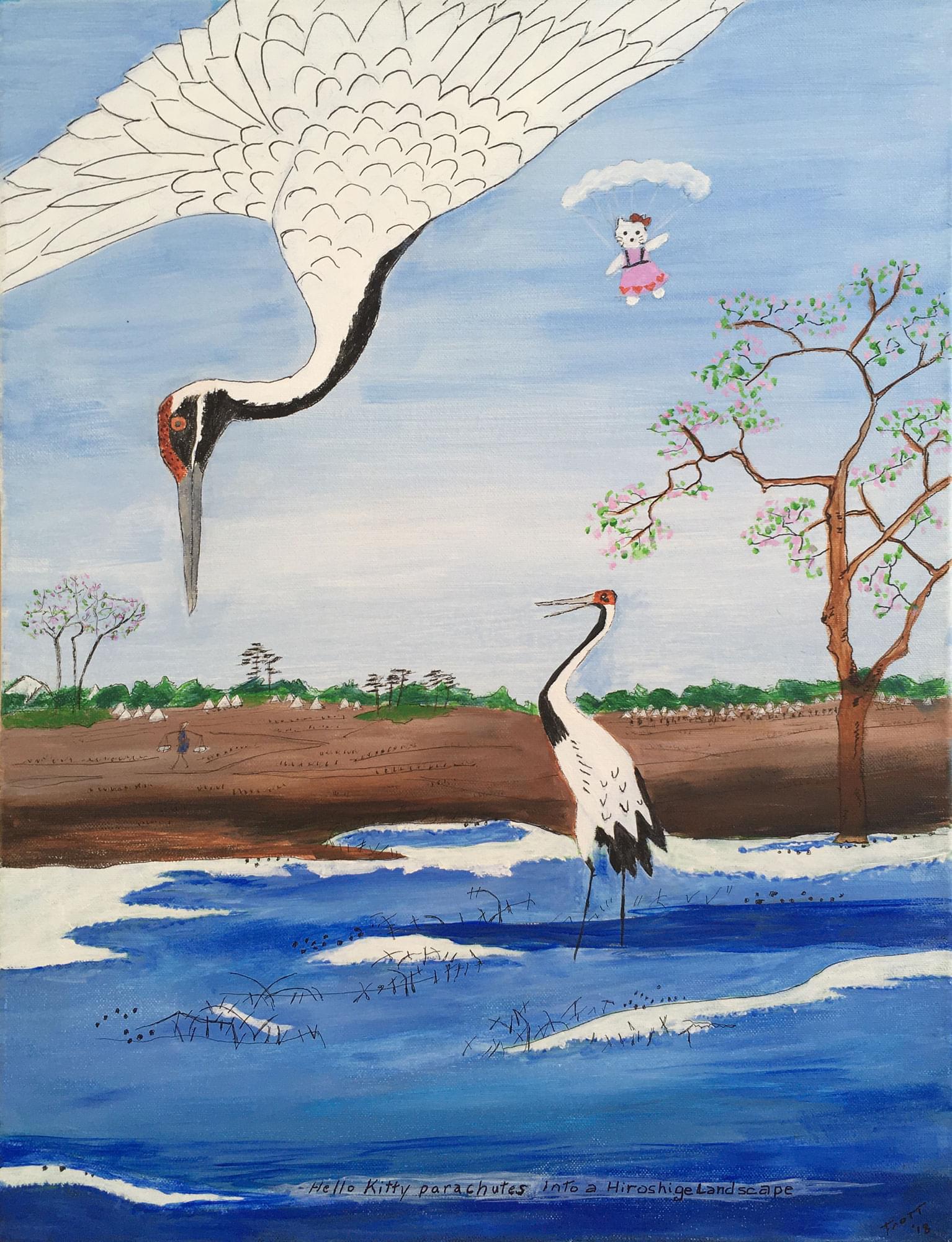 Hello Kitty Parachutes Into A Hiroshige Landscape