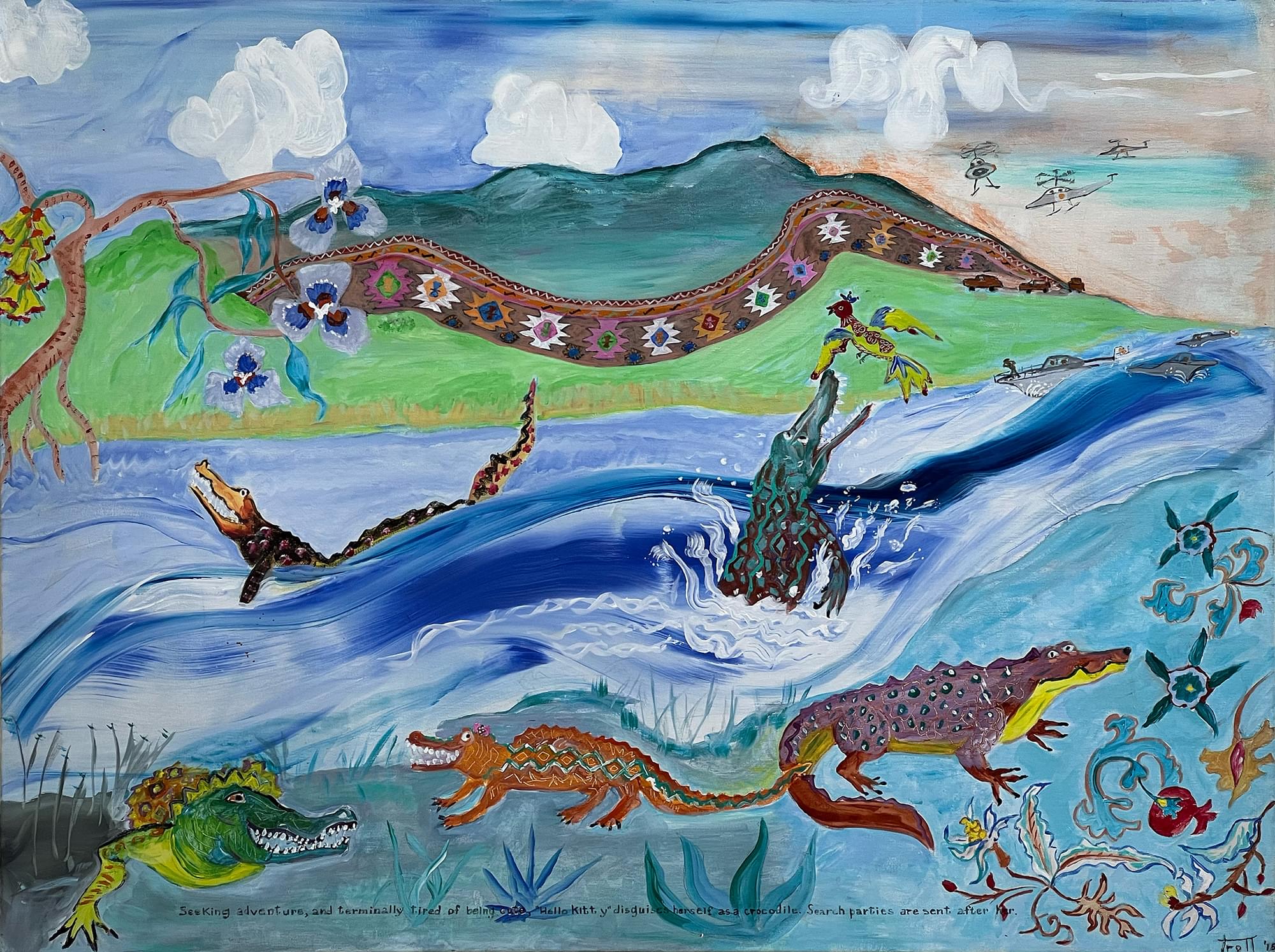 Seeking adventure, and terminally tired of being famous.
Hello Kitty disguises herself as a crocodile. Search parties are sent after her